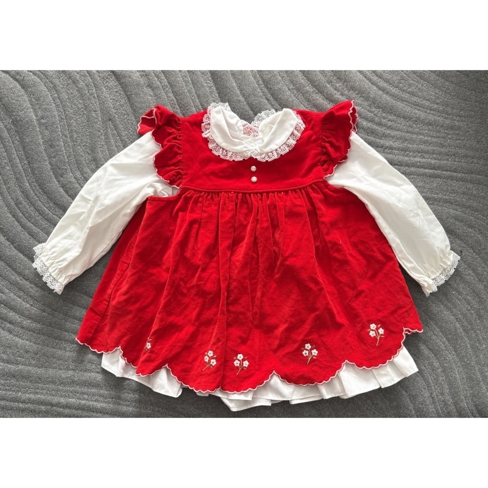 Vintage‎ Baby Togs Red Velvet Pinafore Lace Baby Dress Embroidered 3 Toddler